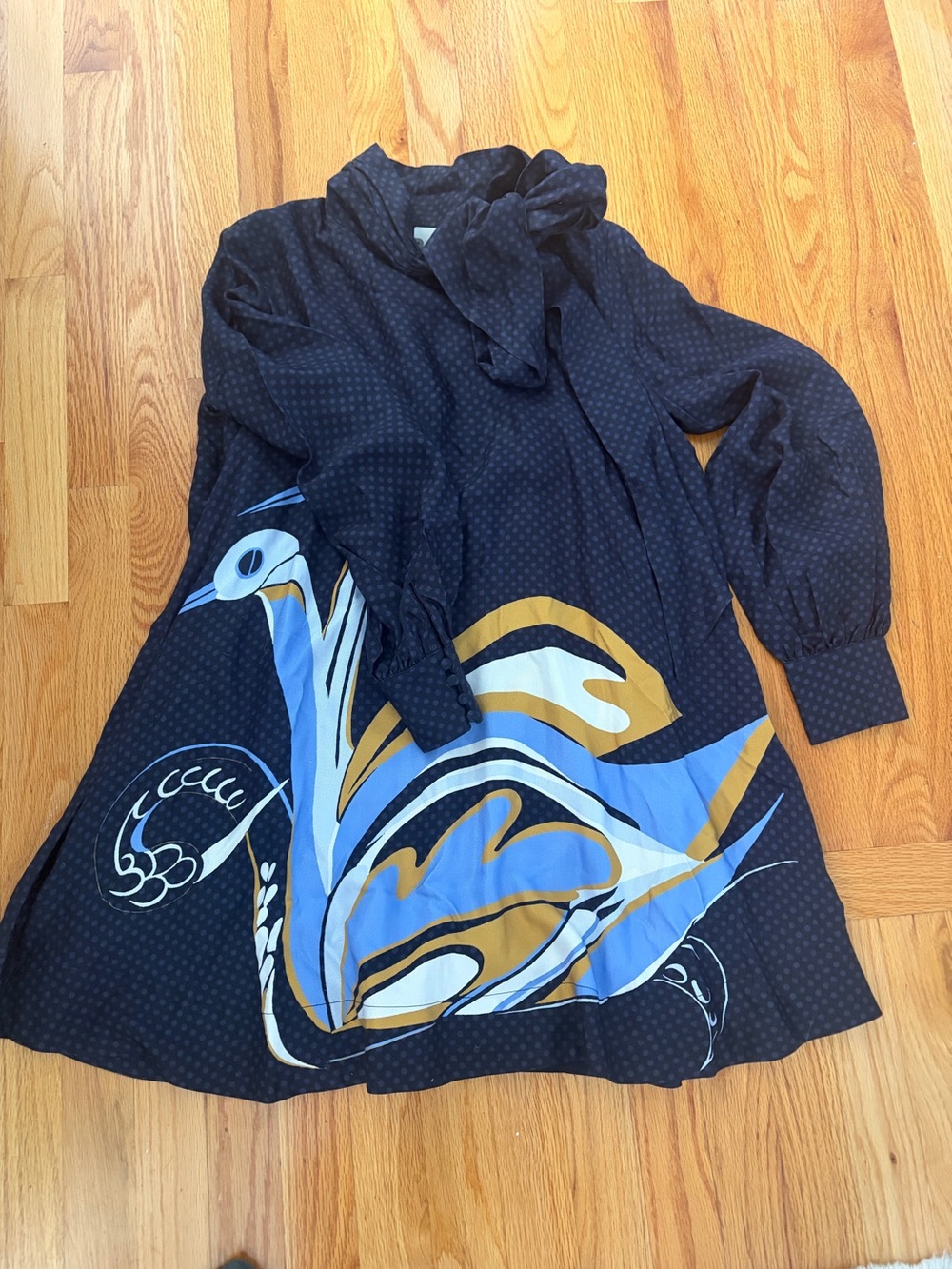 Maeve Black Long-Sleeve Tie-Neck Dress with Blue and Gold Graphic